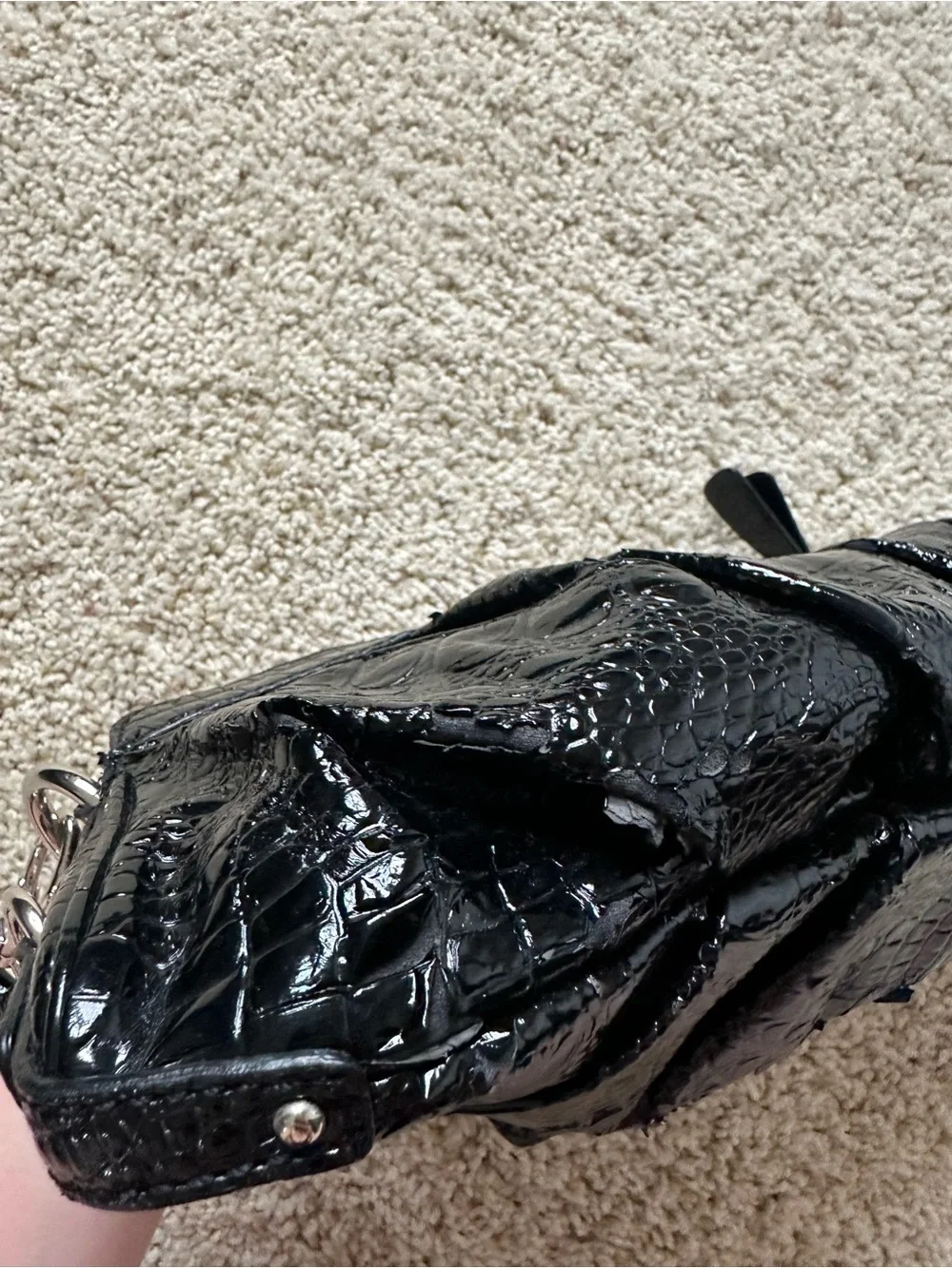 GUESS Black Patent Croc-Embossed Wristlet Clutch with Detachable Strap